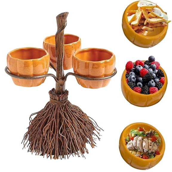 Diceymbol Halloween Pumpkin Snack Bowl Stand Collapsible Broomstick Candy Tray for Cupcakes & Desserts, Resin Serving Platter with Ceramic Pumpkin Bowls