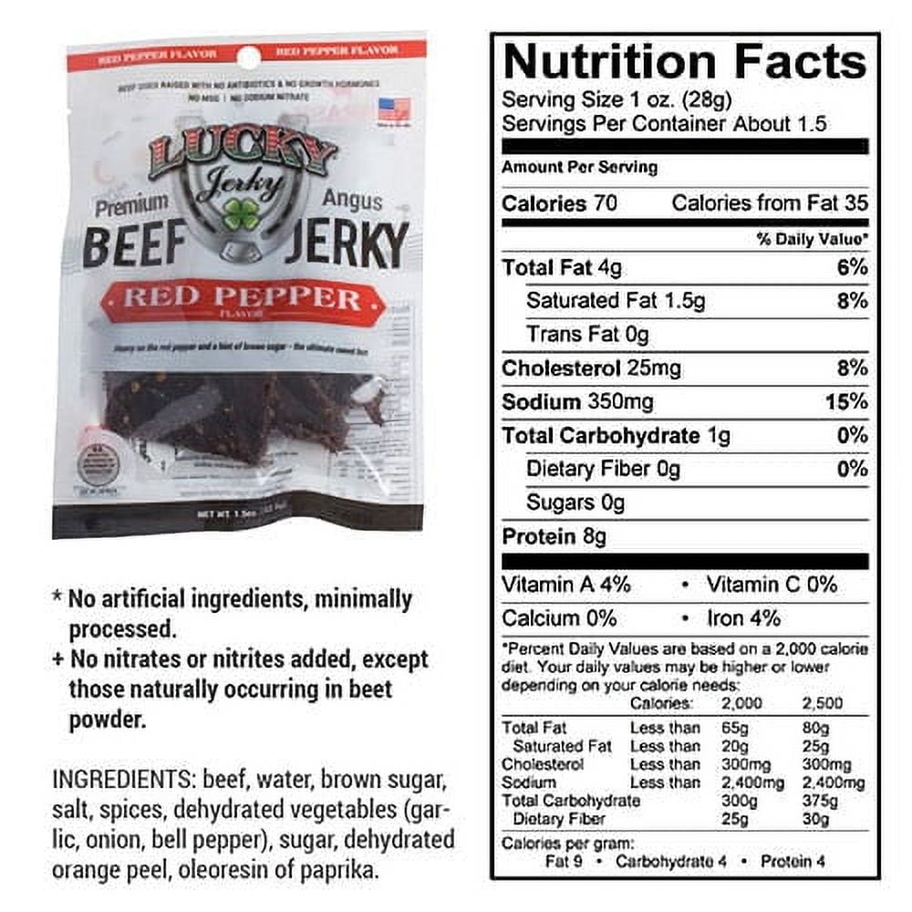 Lucky Beef Jerky Red Pepper Slab, No Antibiotics, High Protein, 1.5 oz bags - 8 Pack