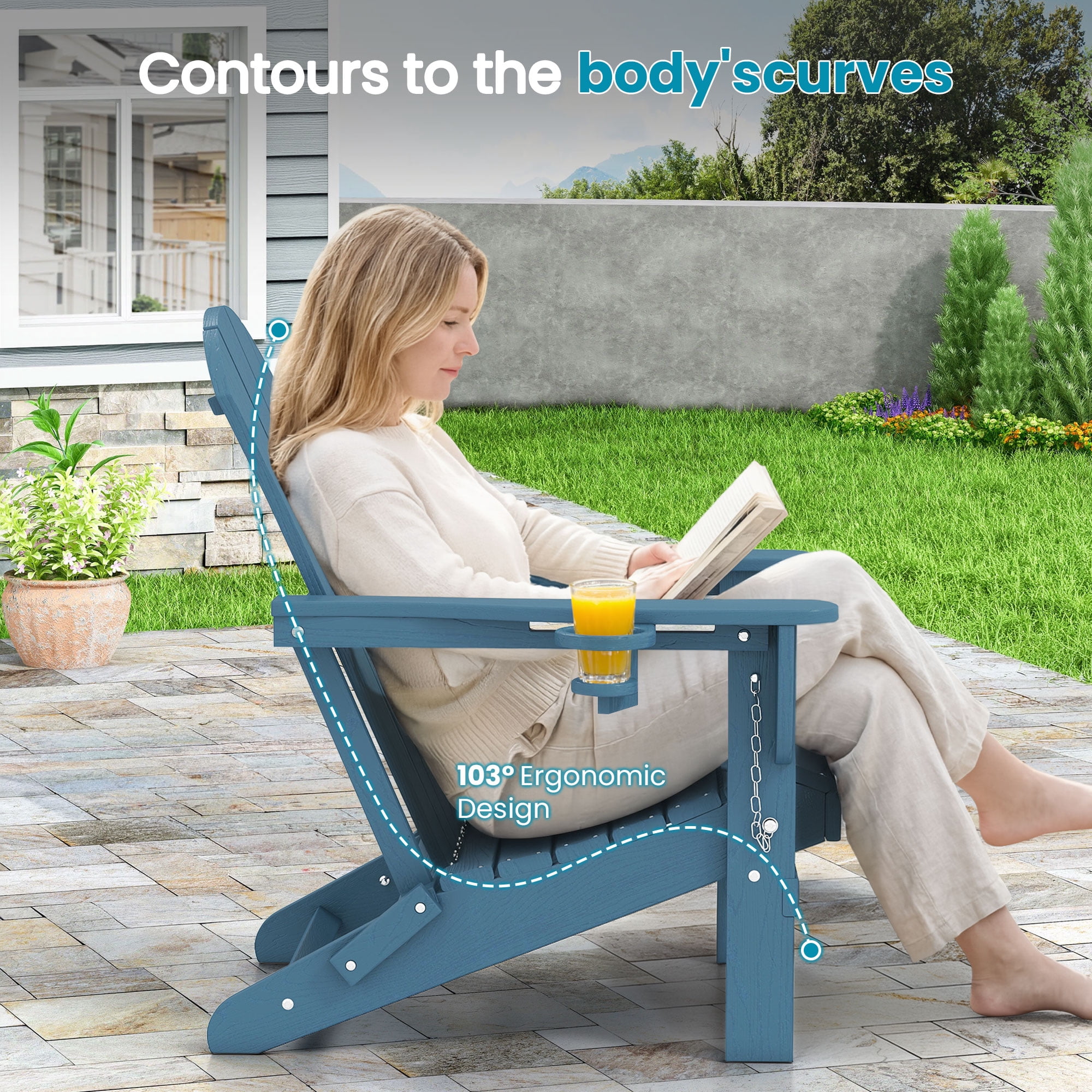 JONPONY Folding Adirondack Chair - HDPE All-Weather Outdoor Chairs, Patio Chairs Outdoor Wood Like Adirondack Chair for Backyard, Camping, Pool & Fire Pit,Blue
