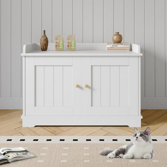 Studyset Cat Litter Box Enclosure Furniture,Hidden Litter Box Cabinet with Barn Door,Indoor Cat Washroom,Wooden Pet House,Dog Proof Hideaway Kitty Litter Box Enclosure,Large Indoor Cat House