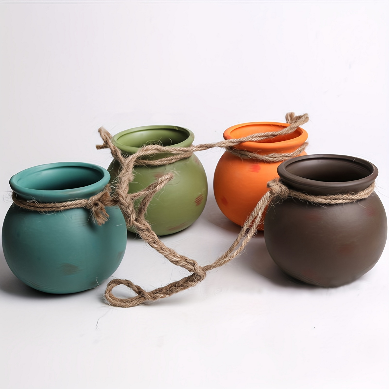 Hanging Ceramic Planters, Mini Wall Mount Flower Pots with Jute Rope for Succulents, Boho Indoor Outdoor Home Decor, Set of 4 Small Plant Pots
