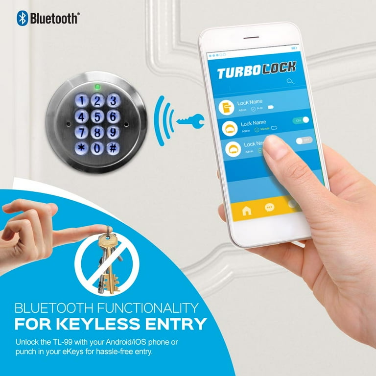 TurboLock Weatherproof Electronic Smart Bluetooth Keyless Door Lock w/ App, Live Monitoring, and Keyless Entry - Easy Installation TurboLock Weatherproof Electronic Smart Bluetooth Keyless Door Lock w/ App, Live Monitoring, and Keyless Entry - Easy Installation