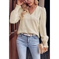 thumbnail image 2 of Solid Color Long Sleeve Shirred Cuff Eyelet Blouse for Women Beige Small, 2 of 5