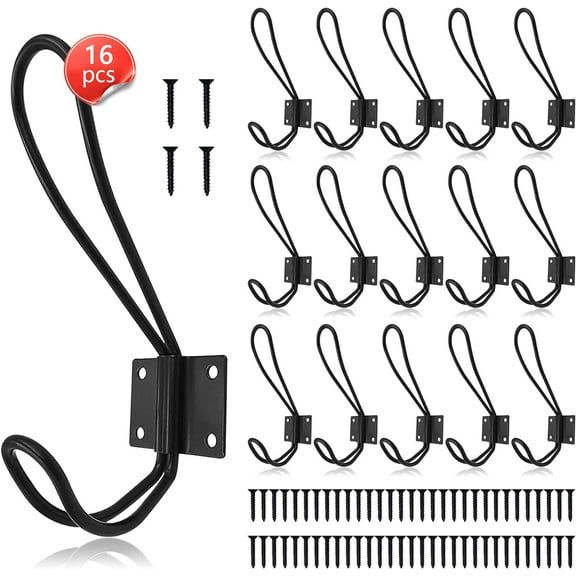 Rustic Entryway Hooks-16 Pack Farmhouse Hooks with Metal Screws Included, Black Decorative Wall Mounted Rustic Coat Hooks Rack, Double Vintage Organizer Hanging Wire Hook Clothes Hanger
