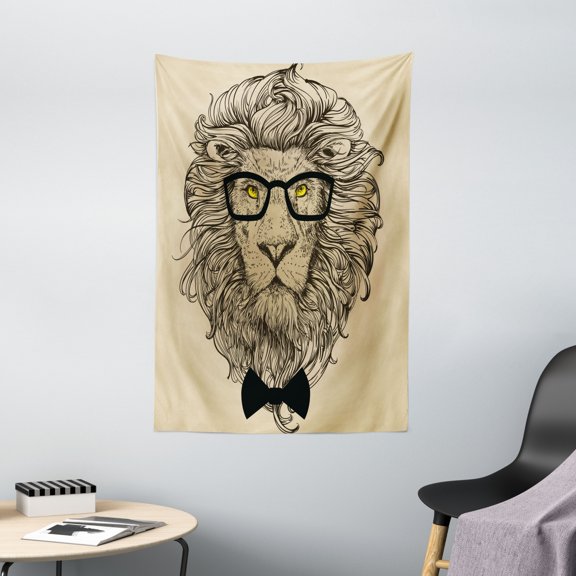 Indie Tapestry, Lion Character Portrait with Glasses and Bowtie Hipster Smart Cool Dandy, Wall Hanging for Bedroom Living Room Dorm Decor, 40W X 60L Inches, Sand Brown Black Yellow, by Ambesonne
