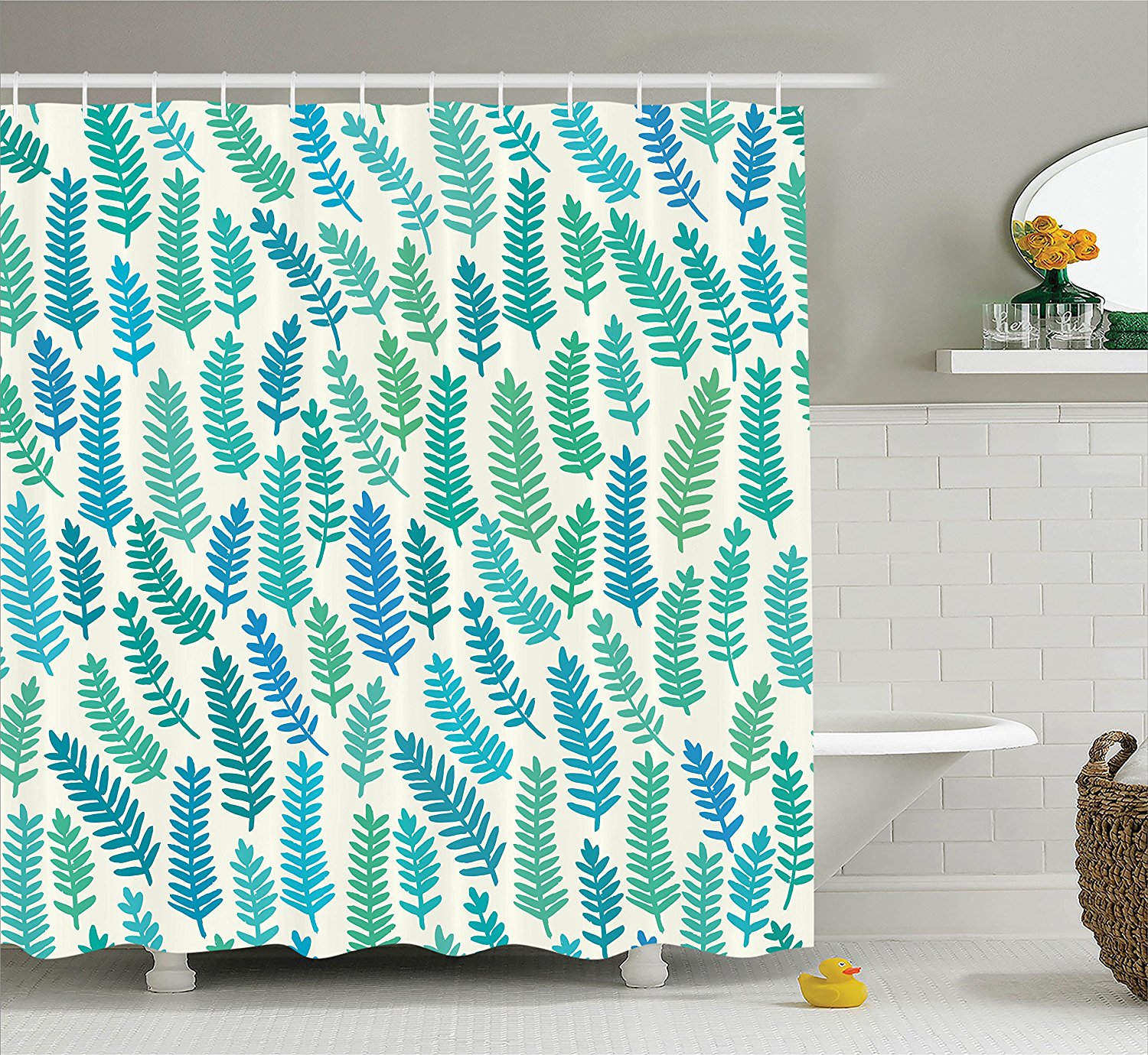 Teal Decor Shower Curtain Set By , Leaf Pattern Branch Trees Summer