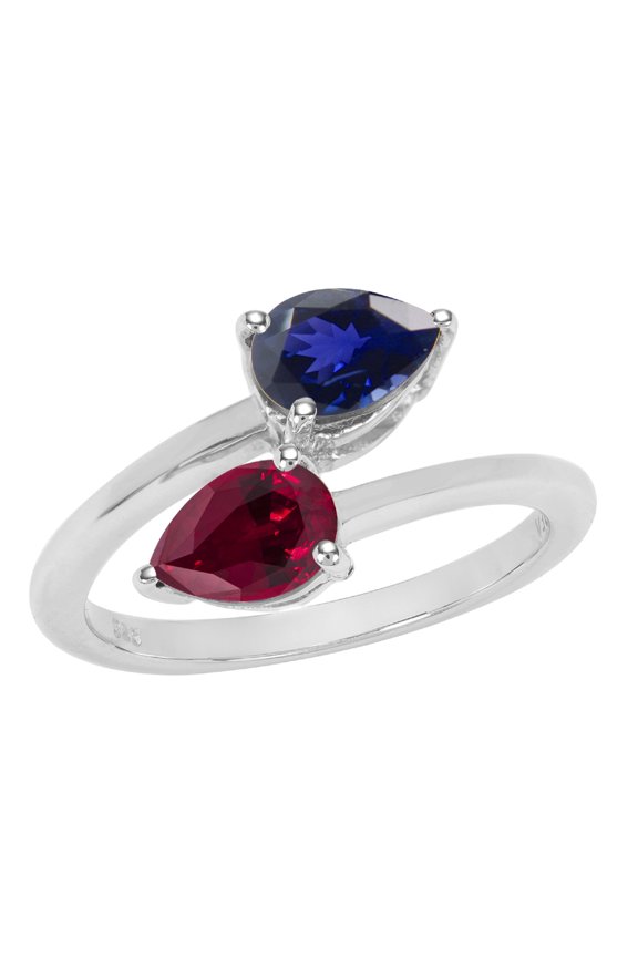 Sterling Silver with Pear Shape Blue Sapphire and Ruby Bypass Ring