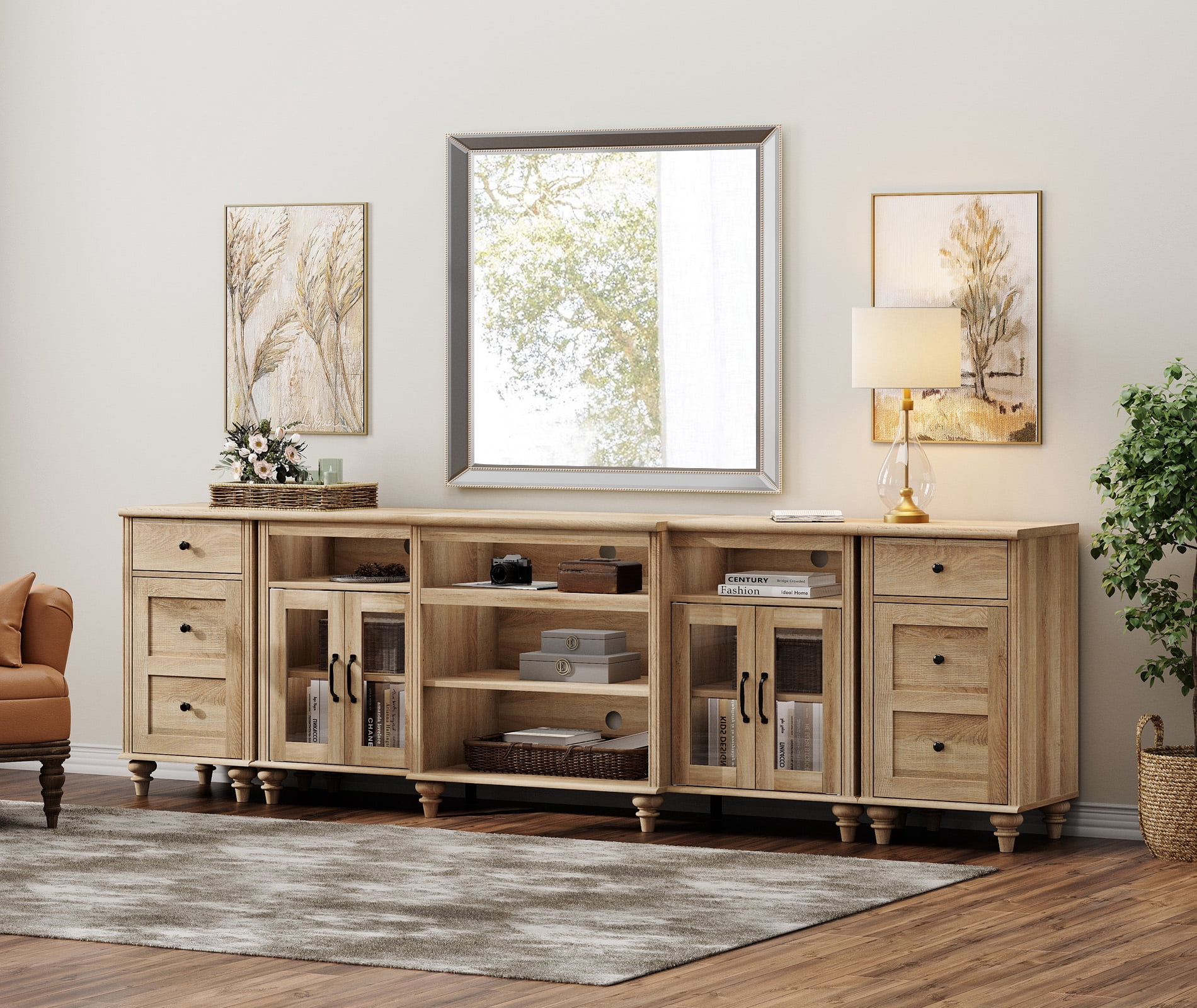 Farmhouse Large TV Stand for TVs Up to 100 inch with Charging Station, 4 Glass Doors and Wood Universal TV Console with Storage Cabinets, Entertainment Center Table for Living Room, Bedroom, Oak