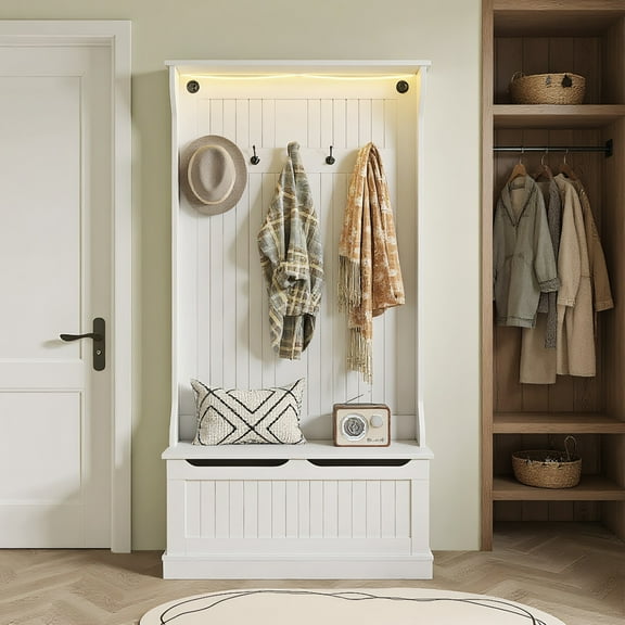 Spaco 3-In-1 Entryway Bench with LED Lights and 5 Hooks, Hall Tree with Coat Rack and Shoe Storage for Indoor as Living Room, Entryway, White
