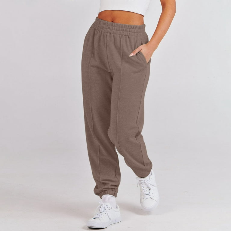 DeHolifer Women's Jersey Pants,Casual Bottom Drawstring Elastic Waist Pants  Sporty Athletic Joggers Lounge Trousers with Pockets Coffee Small
