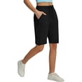 thumbnail image 2 of Womens Summer Shorts Silk Cotton High Waist Straight Leg Plain Elastic Drawstring Pleated Biker Shorts with Pockets Black S-2XL, 2 of 5