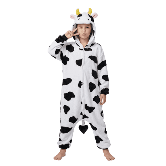 ABOYIART Unisex Kids White Cow Hooded Onesie Pajamas, Soft Flannel One Piece Sleepwear with Giant Pockets, Boys Girls Cosplay Homewear(Button Closure)