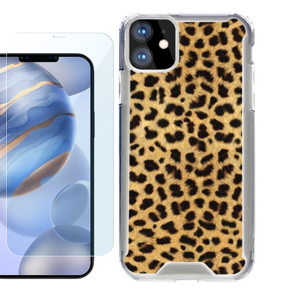 For Apple iPhone 12 Case, iPhone 12 Pro Case, Hybrid Bumper Phone case, with Tempered Glass Screen Protector, by OneToughShield ® - Cheetah Gold/Black