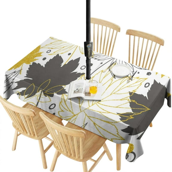 Outdoor Waterproof Tablecloth with Umbrella Hole and Zipper,Botanical Leaves Floral Rectangle Reusable Durable Decor Table Cover for Party Picnic Patio 60×120 Inch