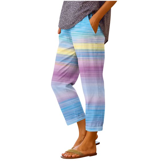 Linen Cropped Pants for Women Casual Wide Leg Plaid Capris with Pockets Elastic Waist Lounge Trousers Sky Blue, S