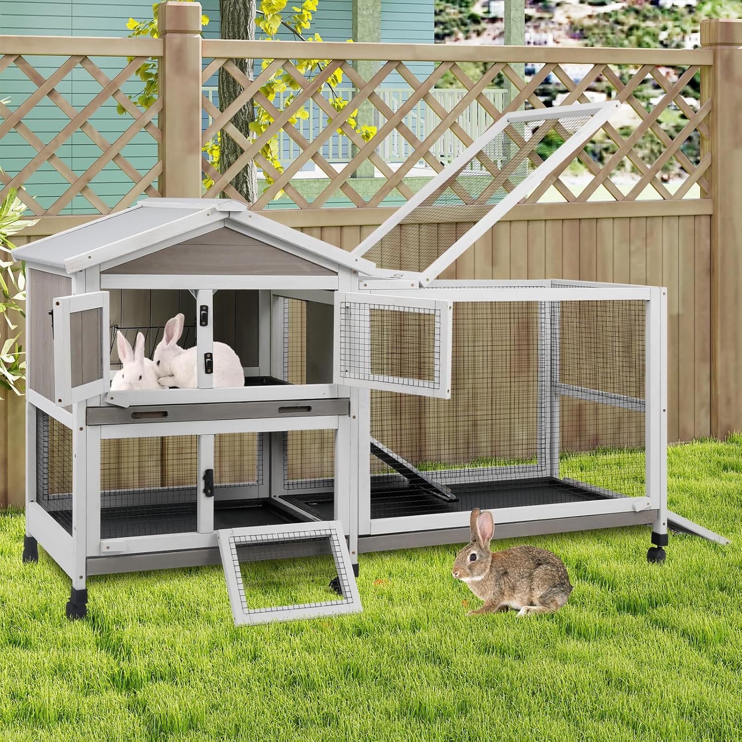 Gowoodhut Large Rabbit Hutch Outdoor with 6 Wheels, Wooden Indoor Bunny House Rabbit Cage with Run, for Small to Medium Pets