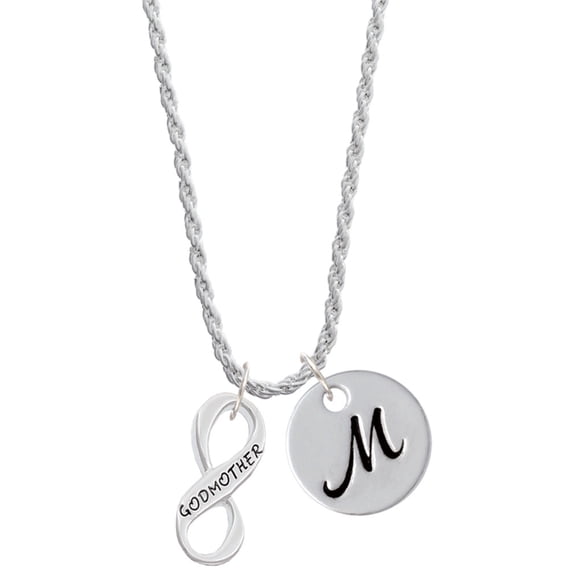 Delight Jewelry Silvertone Godmother Infinity Sign Silvertone Script Initial Disc - M - Charm Necklace, 20"+3"