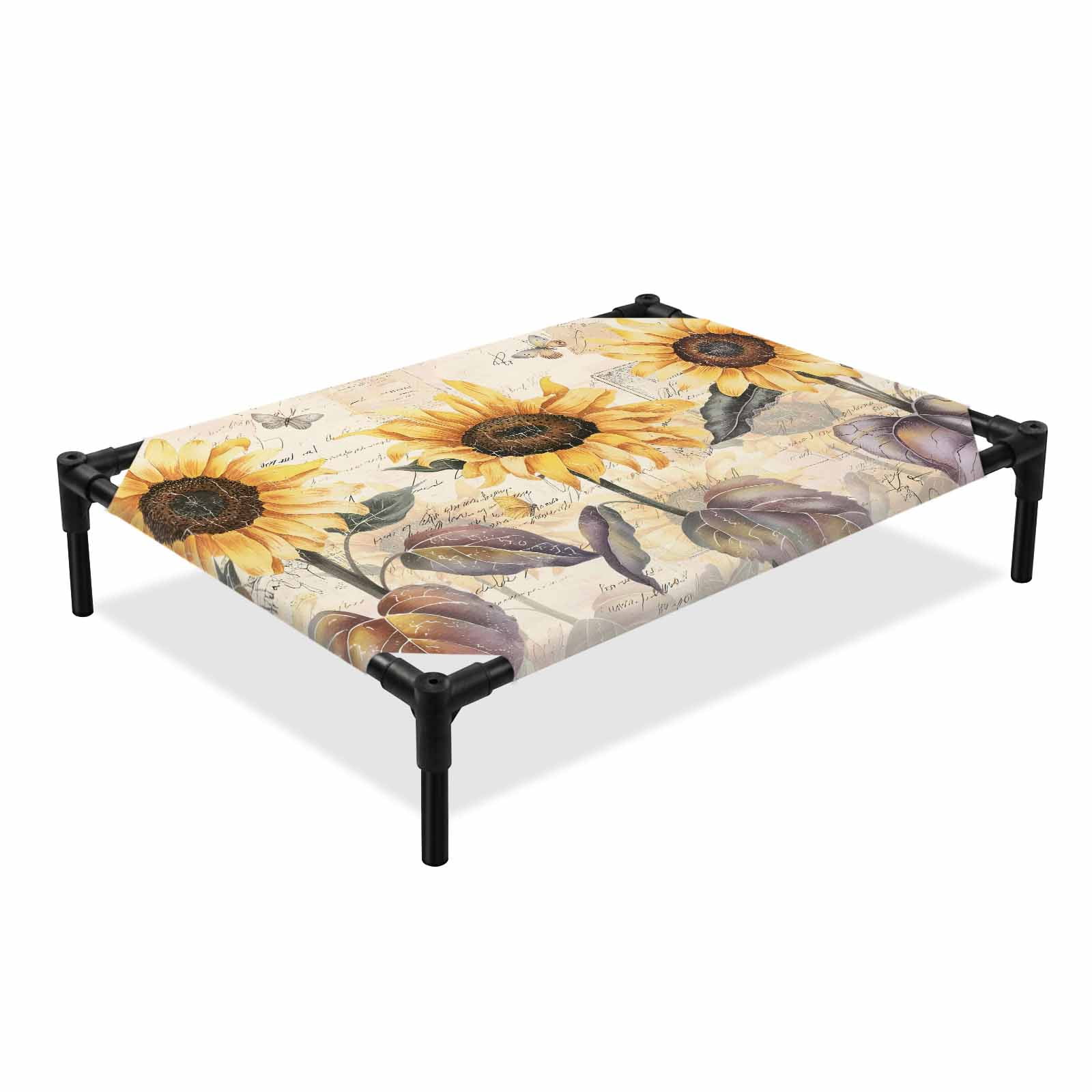 Farmhouse Sunflower Elevated Dog Bed Vintage Flower Butterfly Cooling Breathable Outdoor Raised Dog Cot Bed with Metal Frame Non-Slip Feet for Large Dog 28x22in