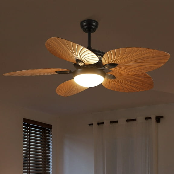 YIOSI 52 Inch Tropical Palm Leaf Ceiling Fan with LED Lights, Remote Control & App Operable, Reversible Quiet DC Motor, Dimmable, Indoor/Outdoor Ceiling Fans for Patios, Porches, Living Room, Brown