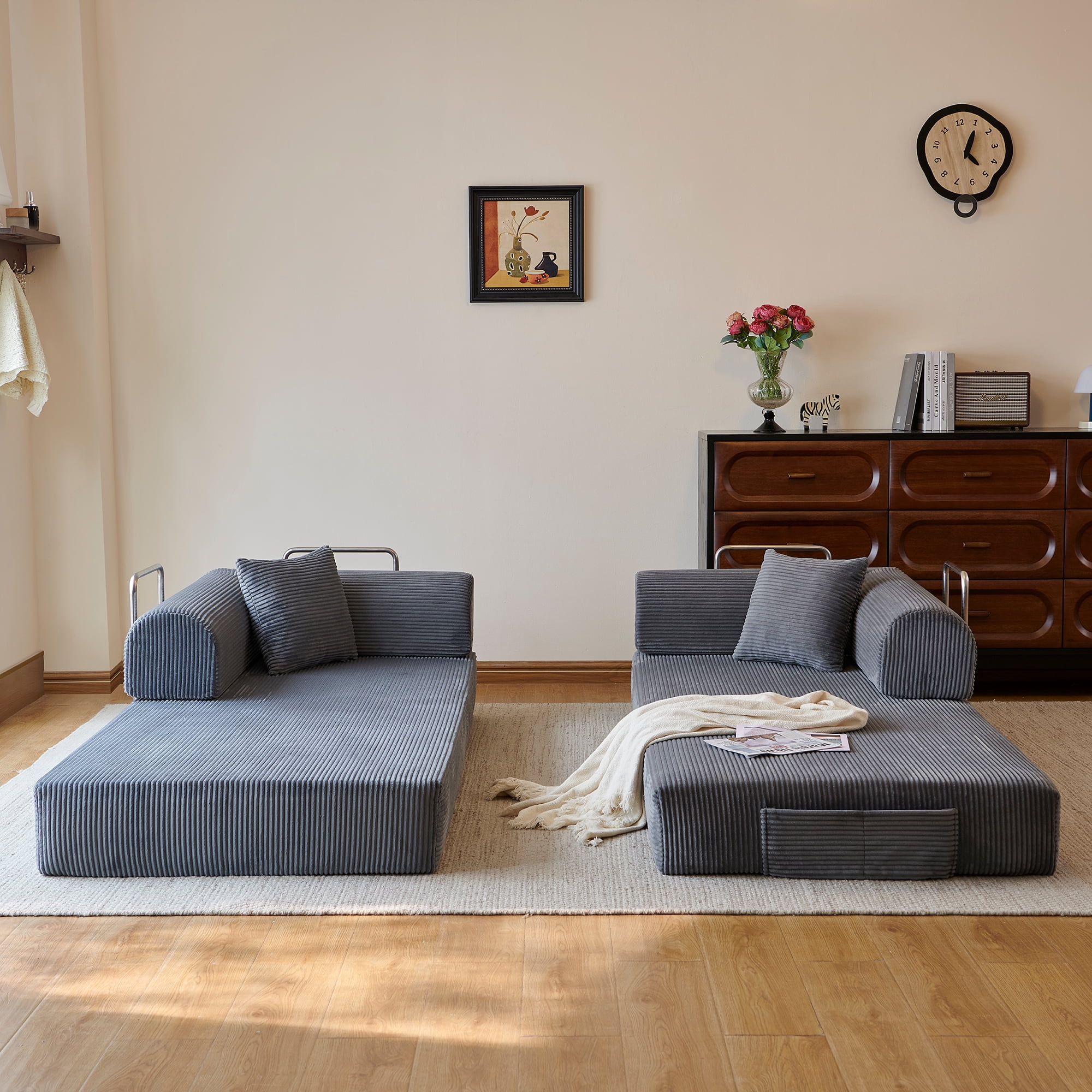 Howcool 79" Boneless Sleeper Sofa Bed, 2-in-1 Pull Out Convertible Loveseat Couch with 2 Throw Pillows, Corduroy Futon Floor Sofa for Living Room, No Assembly Required, Grey