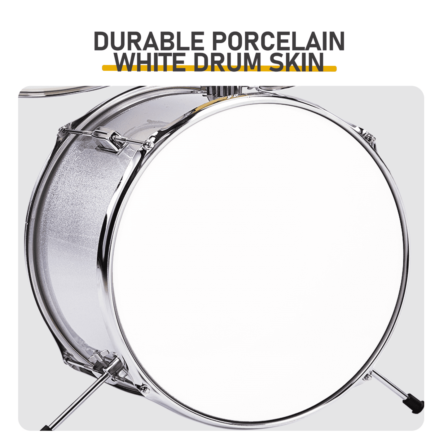 Hassch 5-Piece Beginner Drum Set Junior Kit, Starter Percussion Set with Cymbals, Pedal, Tom, Snares, Drumsticks and Stool, Silver