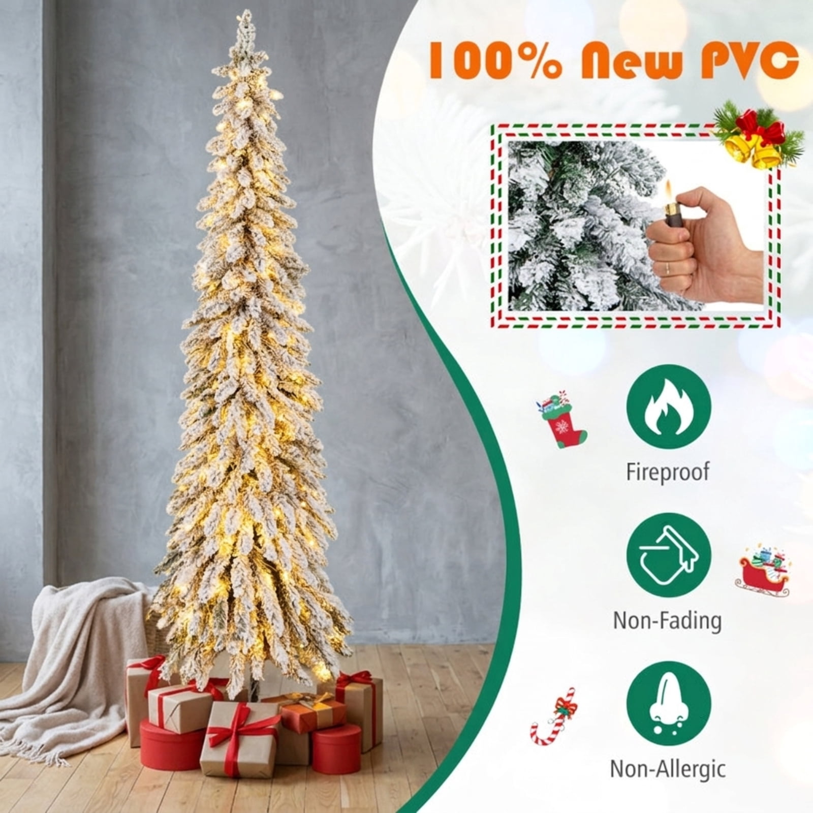 RUIE 6 ft Snow-Flocked Pencil Christmas Tree, Pre-Lit Slim Green White Xmas Tree with 250 Dual-Color LED Lights, 11 Modes, Timer