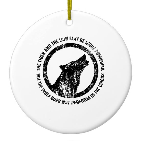 DistinctInk Hanging Ceramic Christmas Ornament - Lion & Tiger Powerful, Wolf Not in Circus - Gold String, 2-3/4 inch Diameter