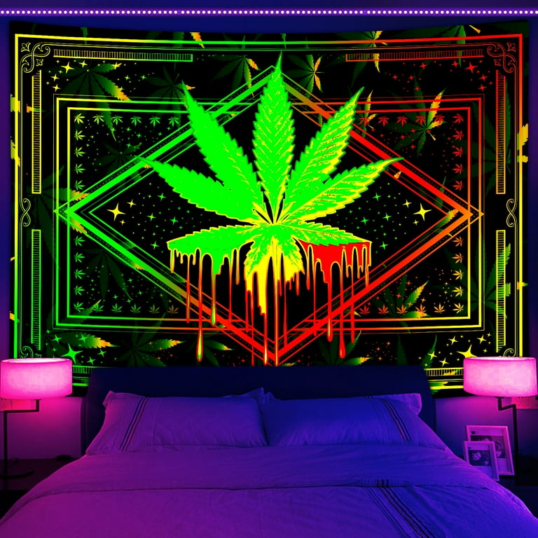 Weed Blacklight Tapestry UV Reactive Cool Smoking Cannabis Leaf