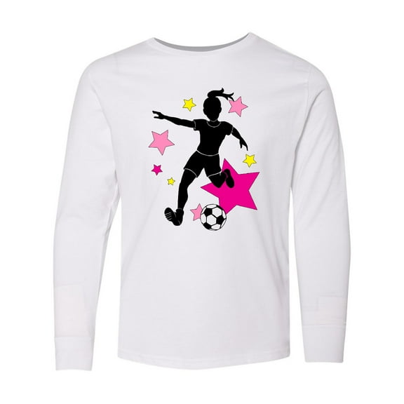Inktastic Girl Playing Soccer Pink and Yellow Stars Long Sleeve Youth T-Shirt