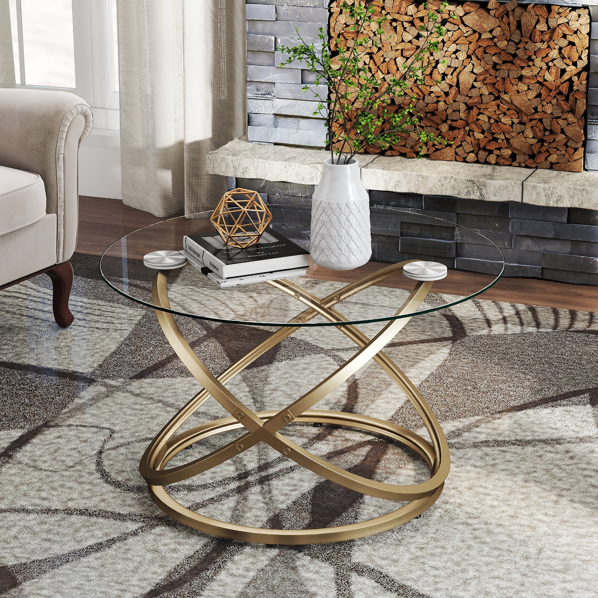 ASYA Modern Glass Coffee Table, 32'' Round Center Table with Metal Frame, Gold Accent Table for Living Room Office