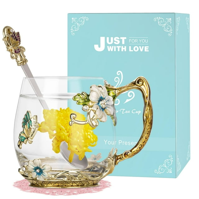 Taza de té de vidrio Wisolt hecha a mano con diseño floral y juego de cucharas