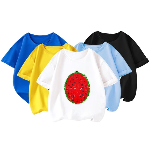 WOLLED Kids Girls Short-Sleeve T-Shirt Toddler Summer 100% Organic Cotton Tees Shirt Blouse Sequins Casual Cotton Shirt for 3-14Y
