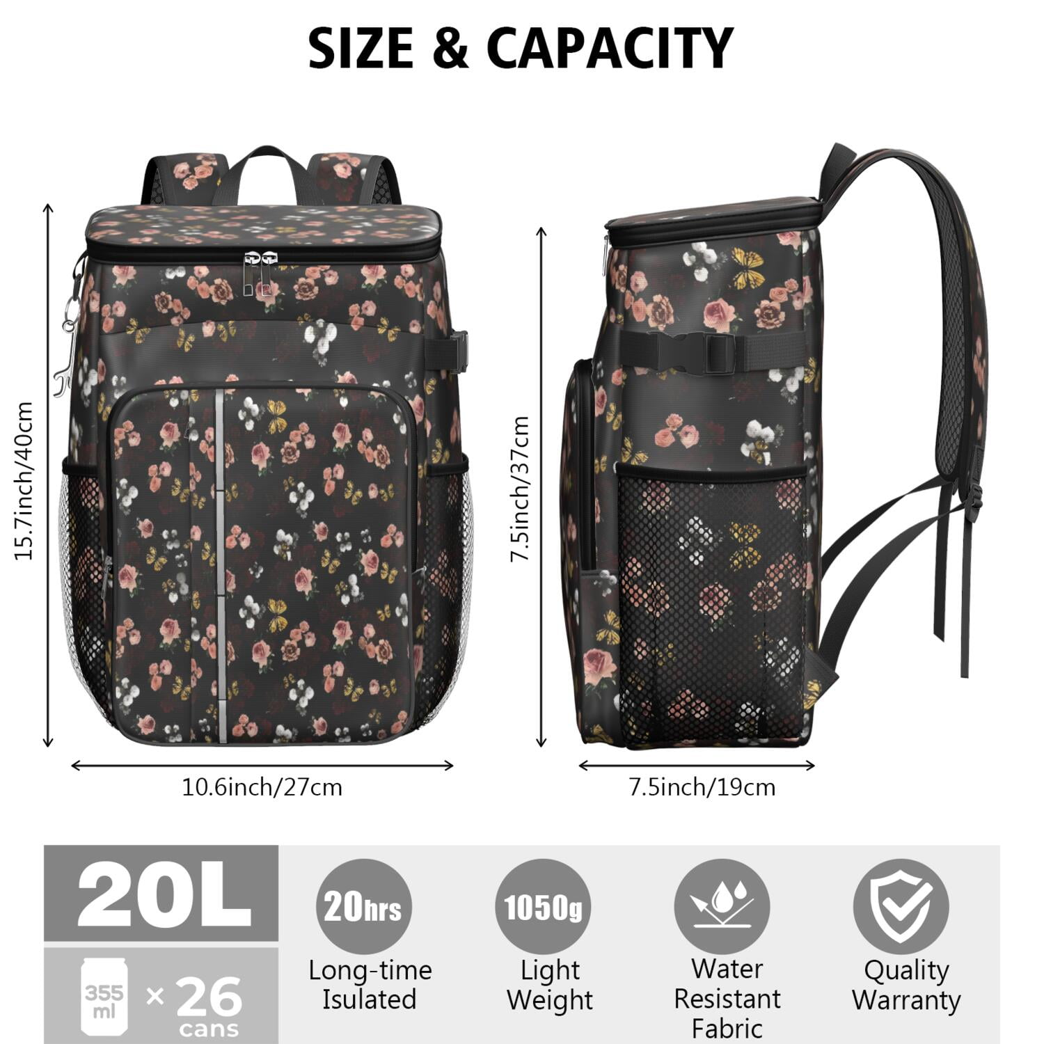 Travel Cooler Bag - Pioneer Flower Floral Print Pattern Camping Beer Cooler Backpack with Bottle Opener- Waterproof Insulated Picnic Backpacks - Cooler Bag for Beach