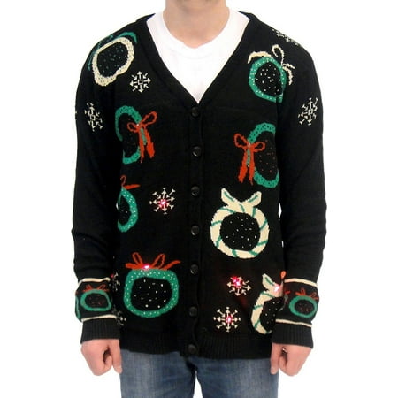 Ugly Christmas Sweater Wreath Adult Black Cardigan Vest with Flashing Lights