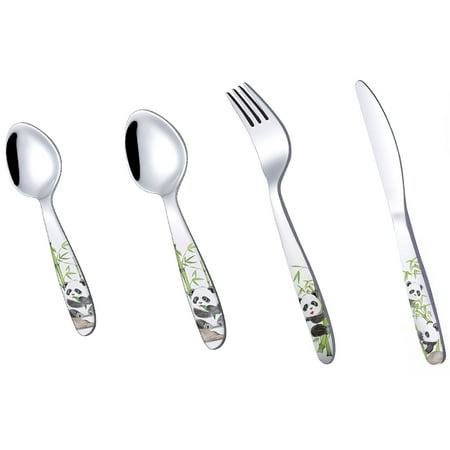 

WREA 4pcs Children Cutlery Stainless Children Tableware Household Fork Spoon with Patterns Functional Cutlery Set Smooth Kids Cutlery Set for Indoor Home Dinner
