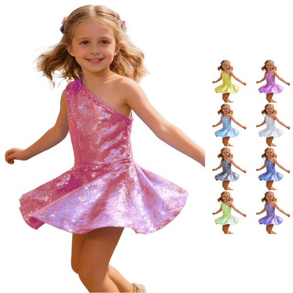 Huowey Girls Dresses A-Line Solid Color Sleeveless Sequin One Shoulder Skater Mini Dress Flared Twirl Skirt Sparkly Performance Carnival Stage Show Birthday Party Kids Dancewear,Red
