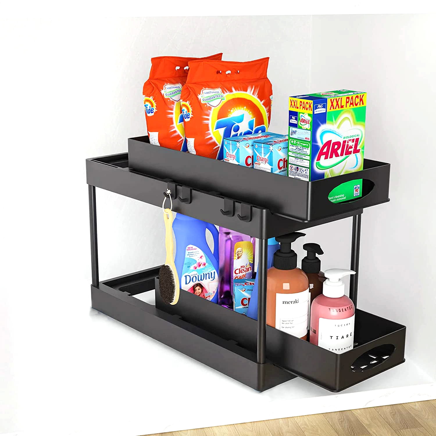 Pull Out Under Sink Cabinet Organizer, 2-Tier Sliding Storage Drawer Basket Organizer for Kitchen Bathroom with Hooks