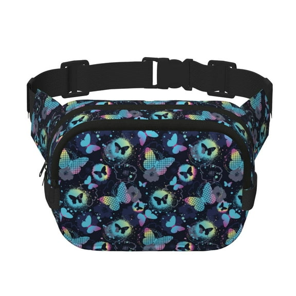 Fuzoiu Blue Butterfly Print Unisex Square Double Layer Waist Bag,Crossbody Fanny Pack Travel Workout Accessory