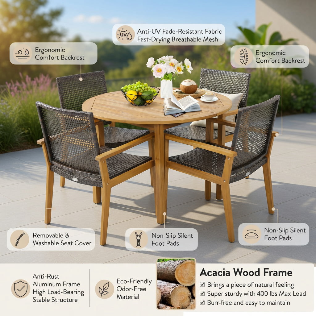 Hommoo Set of 4 Outdoor Rattan Dining Chairs with Natural Acacia Wood Frames, Weather-Resistant PE Wicker, Sturdy X-Frame Design, Ideal for Patio, Backyard, Poolside & Balcony, Brown