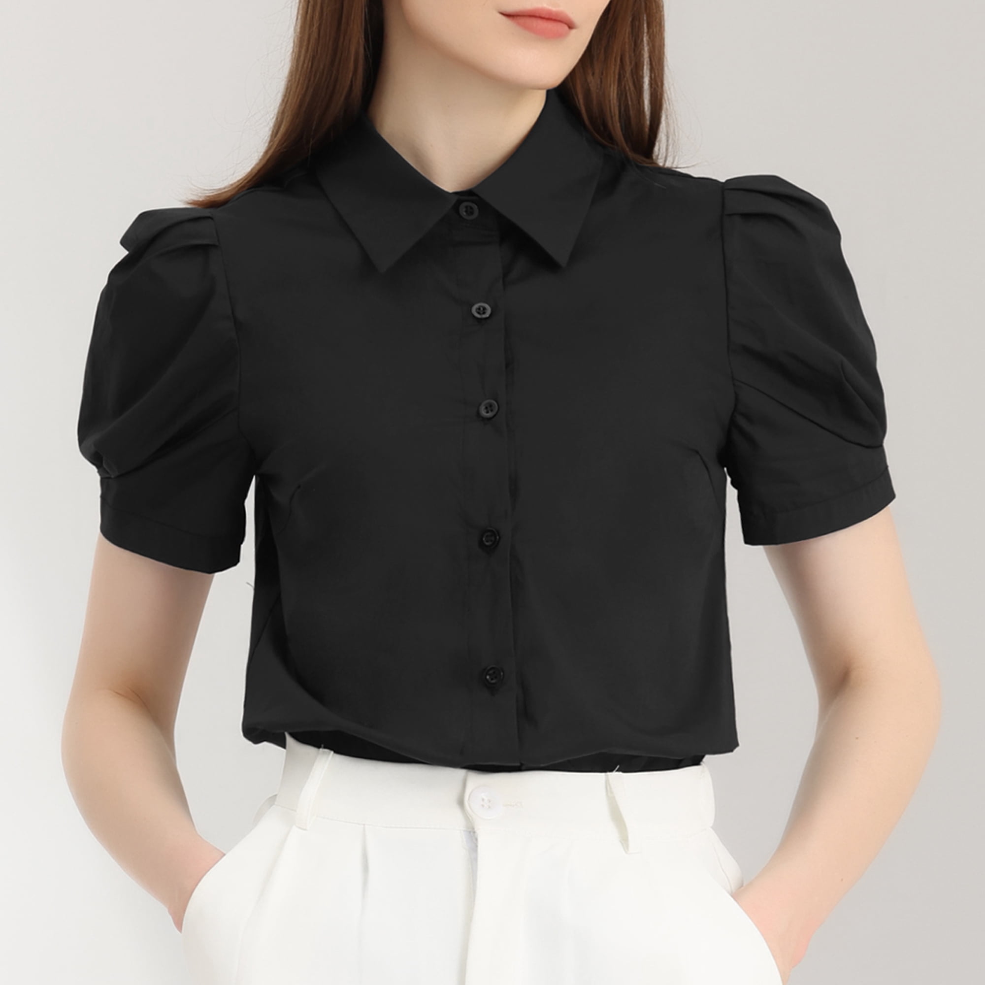 DARING DIVA Women's Puff Sleeve Turn Down Collared Work Office Button Down Shirt L Black