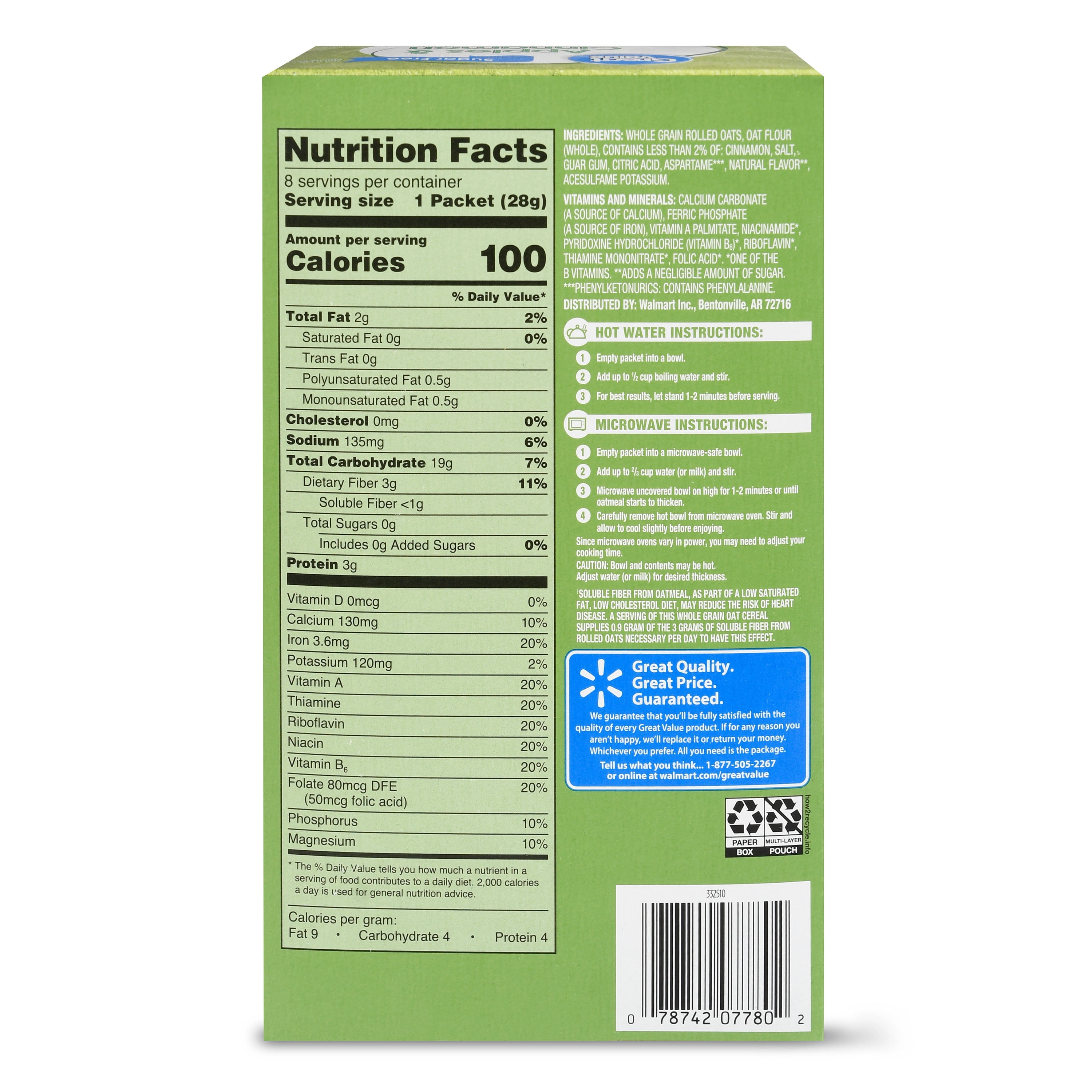 Great Value Instant Oatmeal, Sugar Free Apple & Cinnamon, 0.99 oz, 8 Count