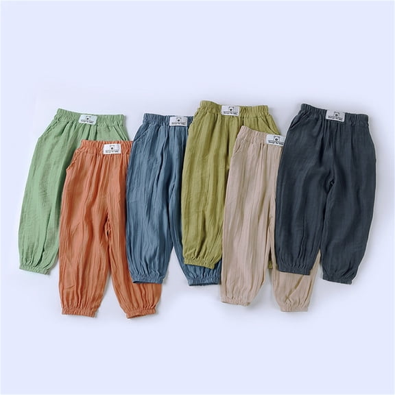 Pants for Boys Kids Baby Comfy Linen Blend Pants Loose Fit Elastic Waist Summer Army Green 18-24 Months