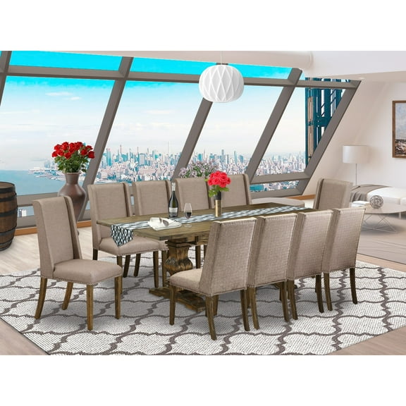 East West Furniture 11-Piece Dining Room Table Set Consists of a Mid Century Dining Table and 10 Dark Khaki Linen Fabric Modern Dining Chairs with High Back - Distressed Jacobean Finish