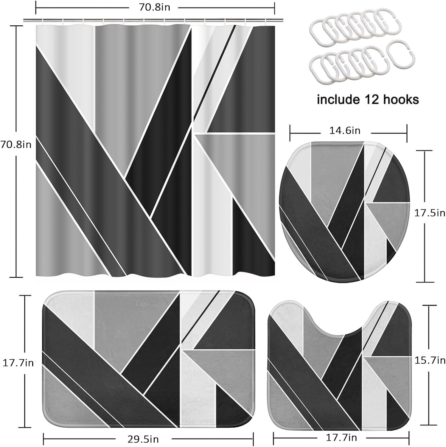 Grey Black Wavy Line Shower Curtain Set with Toilet Lid Cover and Non-Slip Rugs for Bathroom, Abstract Stripes 4 Pcs Shower Curtain, Modern Geometric Bathroom Set with 12 Hooks
