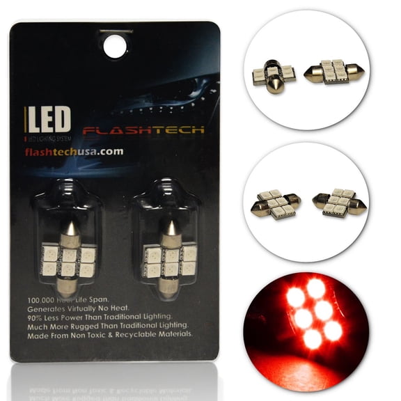 Flashtech Extremely Bright LED Bulbs for Car Interior Dome Map Door Courtesy License Plate Lights 31mm - Red, Pair