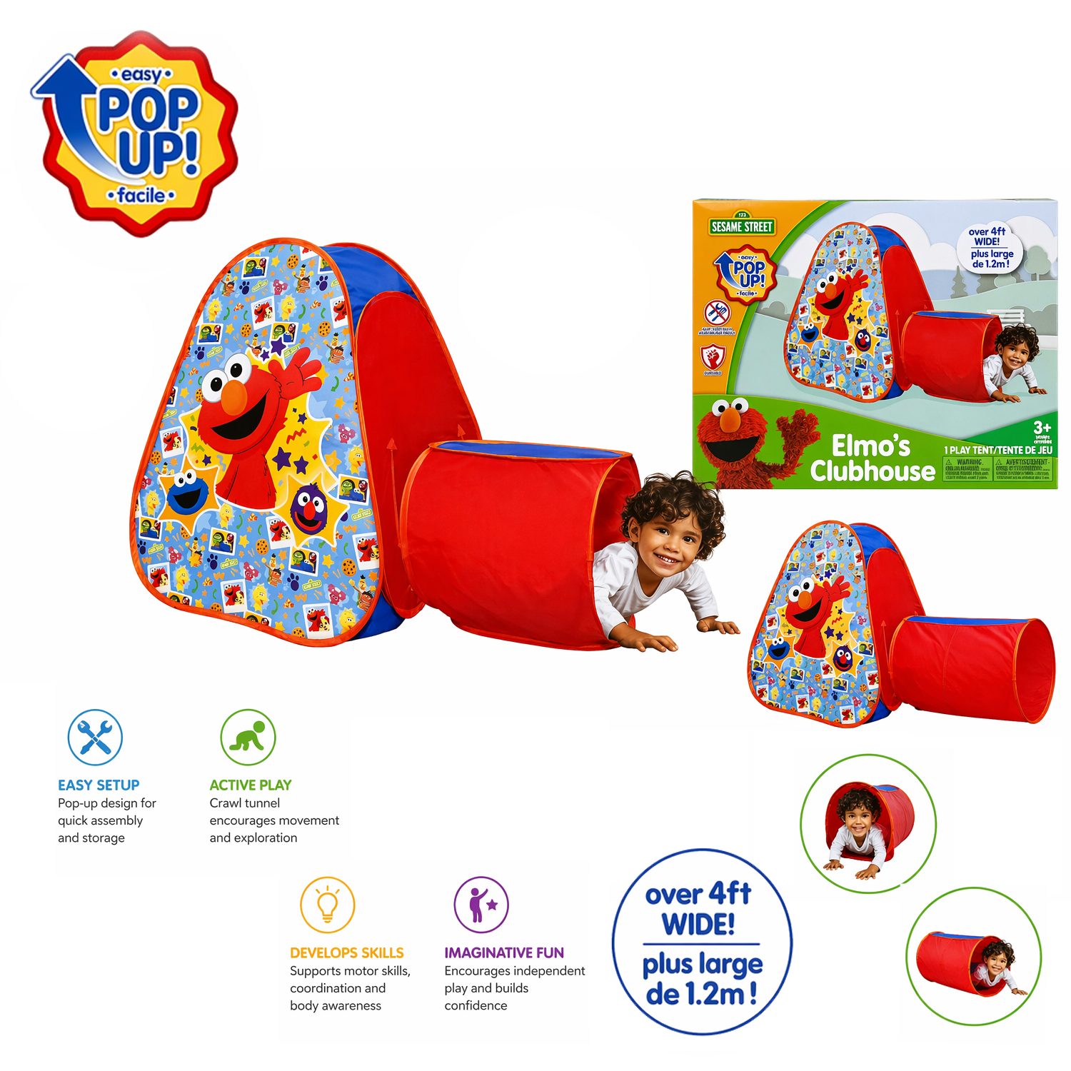 Sesame Street Elmo Clubhouse Kids Play Tent with Crawl Tunnel, 5-in-1 Pop-Up Indoor Outdoor Playhouse