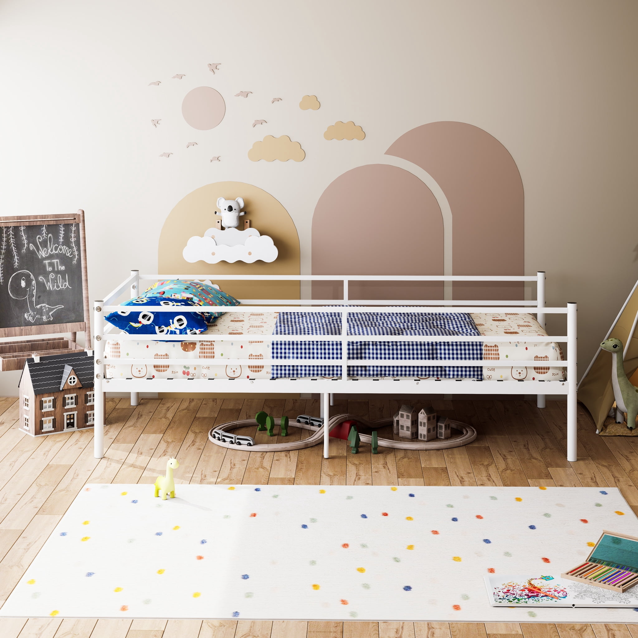 Leumius Twin Size Metal Platform Twin Bed,Heavy Duty Metal Platform,Sturdy and Durable,No Spring Mattress Required,White02