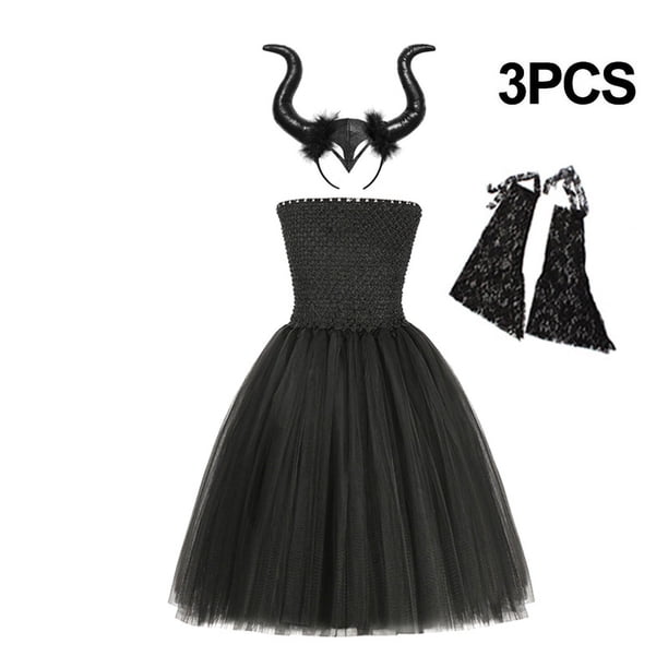 Disfraz de maléfica de Halloween para niñas, vestido de tutú de reina de bruja oscura gótica negra con capa de plumas, vestido de hada de la Reina Malvada