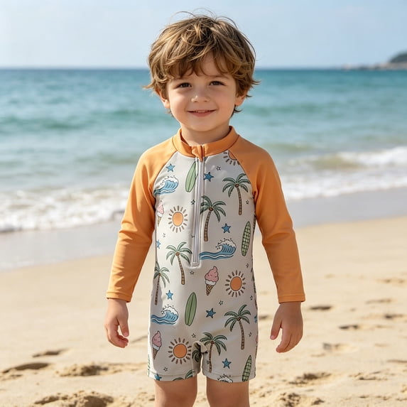 FINALGANG Boys Kids Beach Print One Piece Rash Guard Swimsuit With Stand Collar Half Zip Raglan Long Sleeve Bathing Suit For Summer Beach Activities Classic Swimwear