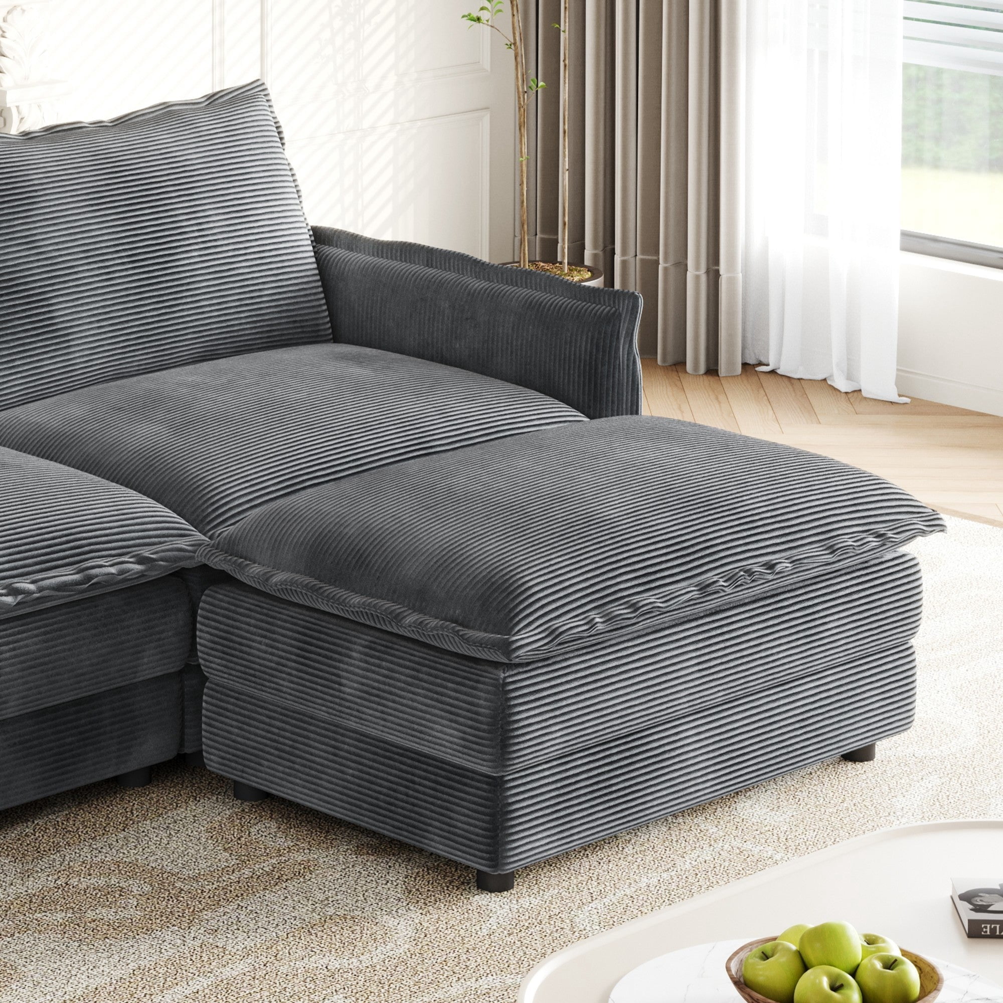 Sailvan 3-Seater Corduroy Sofa with 3 Ottomans, Oversized Deep Seat Cloud Couch for Living Room Grey